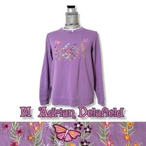 M Vintage Adrian Delafield Sweater Butterfly Floral Pastel Purple 90s